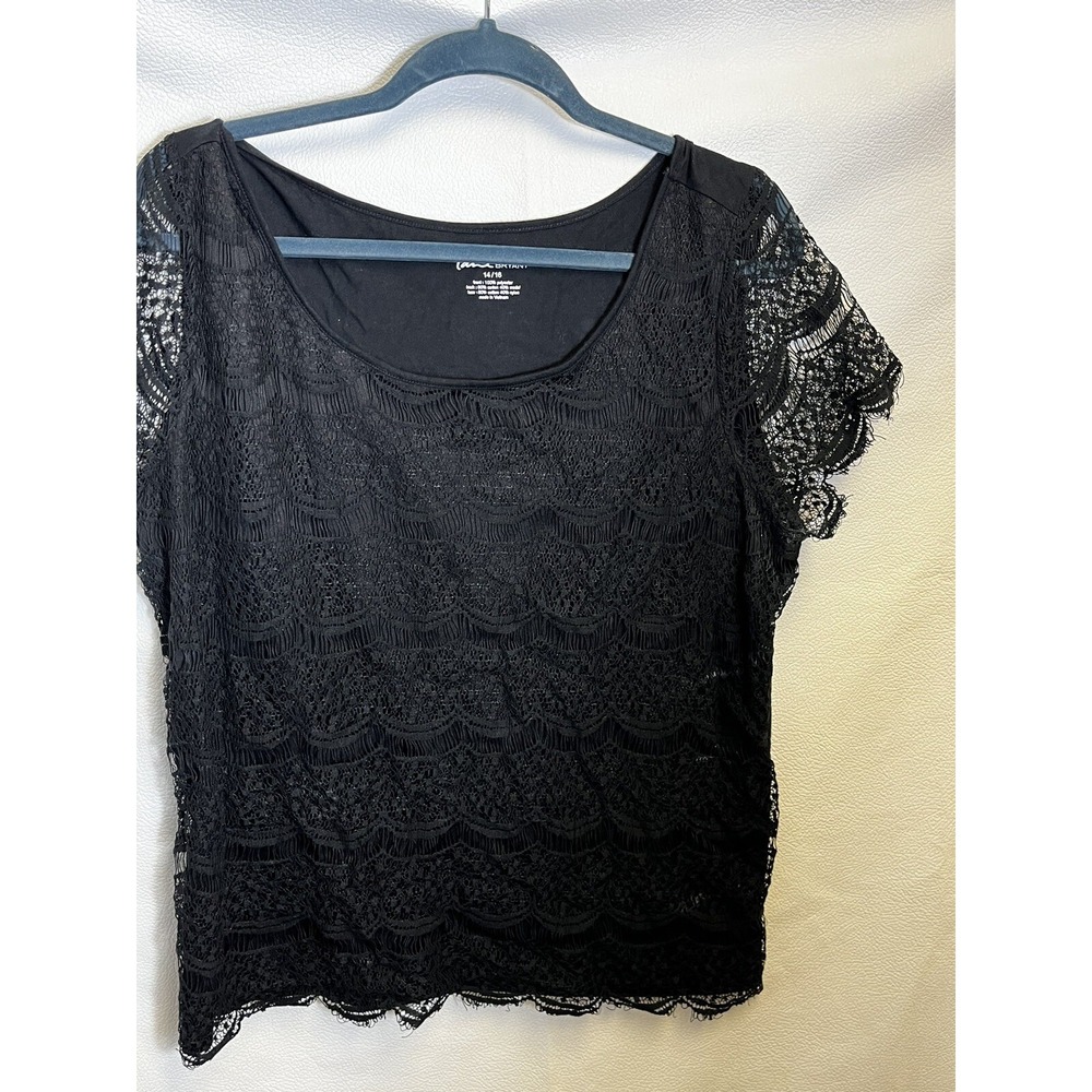 Lane Bryant Blouse 14/16 Womens Plus Size Black Lace Overlay Cap Sleeve Top